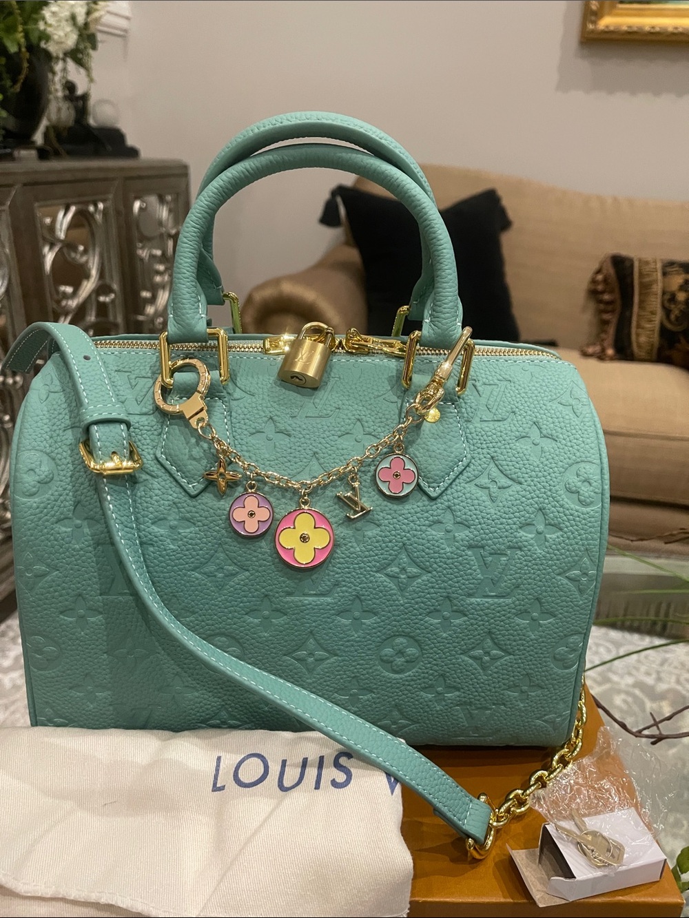 Designer Inspired Turquoise Leather Speedy with Floral Charm
